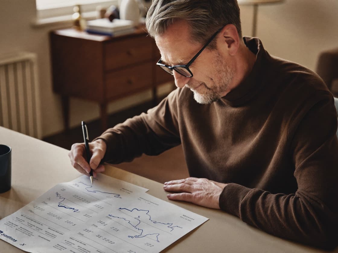 A man in glasses reviewing performance charts with a pen